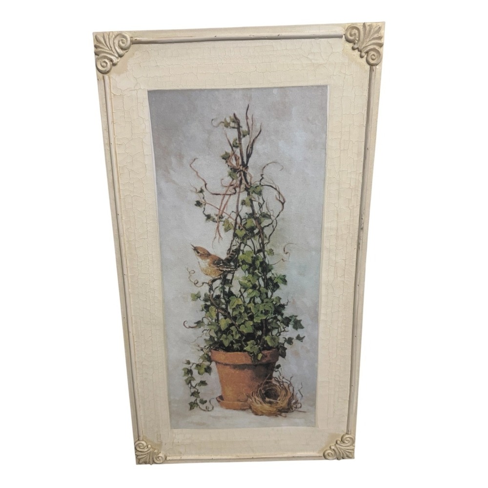 Cream Framed Canvas Art Bird Ivy Potted Plant 19.5x11